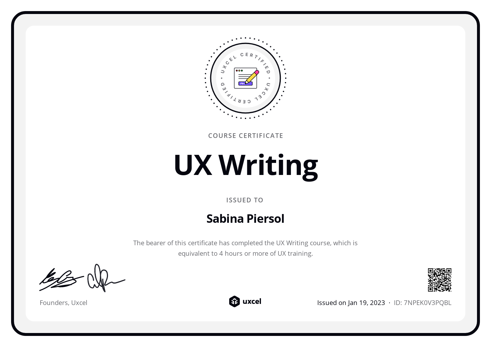 Sabina Piersol's certificate